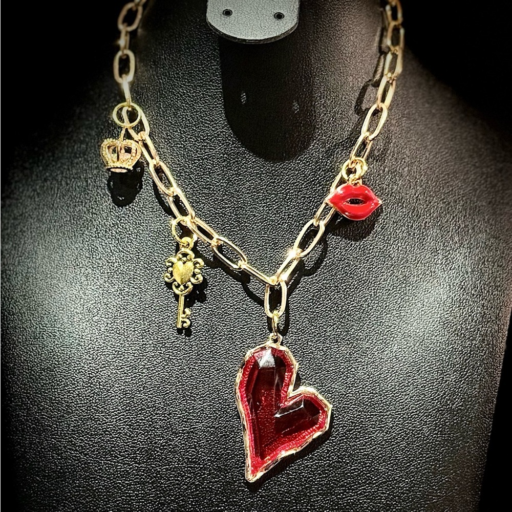 Gold and Red Heart Pendant Necklace